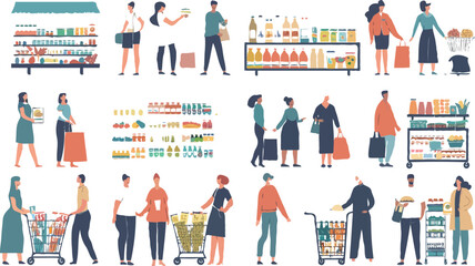 Set of different customers in a grocery store. People make purchases of food and drinks Vector flat illustrations on a white background