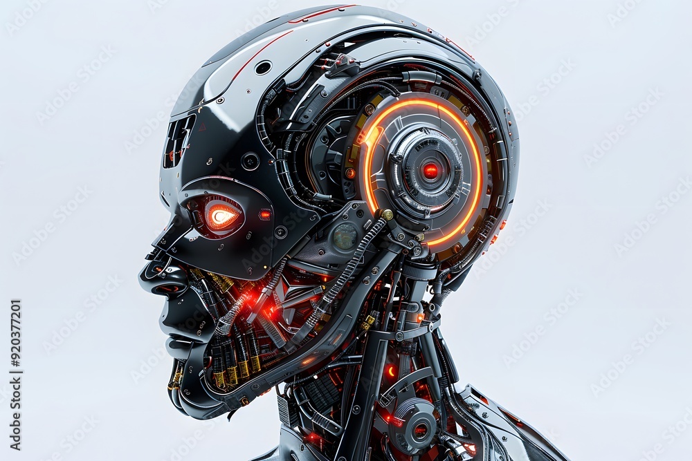 Poster futuristic robotic head with intricate mechanical details and glowing elements