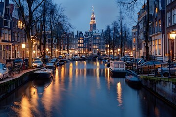 Serene Evening in Amsterdam: A Glimpse of Canals and Historic Architecture