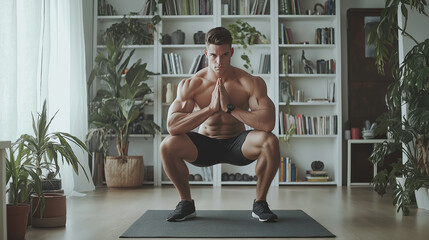 Obraz premium A man is doing a yoga pose in a room with many books