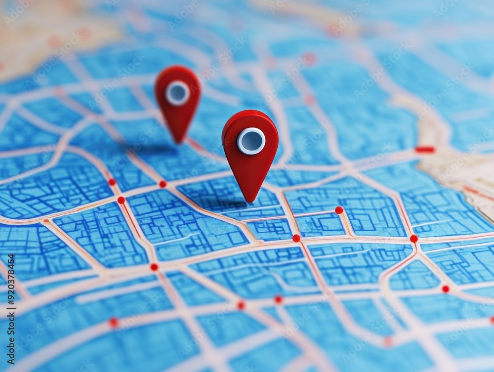Poster vibrant map with red location pins, highlighting urban navigation and exploration, perfect for trave