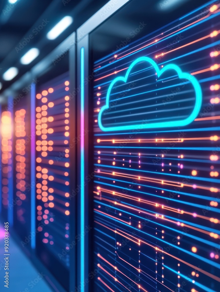 Poster modern data center with cloud technology represented by neon graphics, symbolizing the future of dig