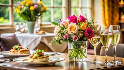 Elegant table setting with bouquet of flowers, gourmet meal, and champagne, awaiting a special mom on her celebratory day at a upscale dining establishment.