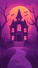 Fototapeta premium A spooky, silhouette of a haunted house with a path leading to it, under a full moon and a twilight sky. Bats fly overhead.
