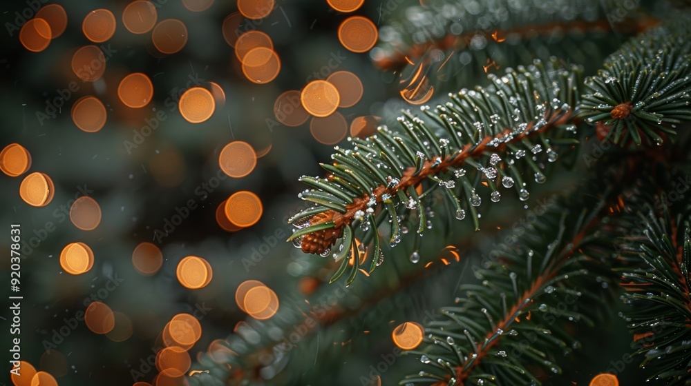 Poster close-up of frost-covered evergreen branch with sparkling lights in the background during winter