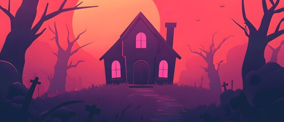 A spooky silhouette of a house in a forest at dusk.
