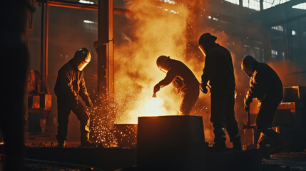 Workers in a foundry pouring molten metal
