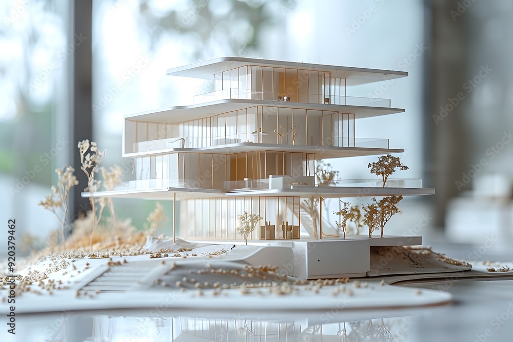 Poster modern architectural model showcasing a multi-level design with natural elements