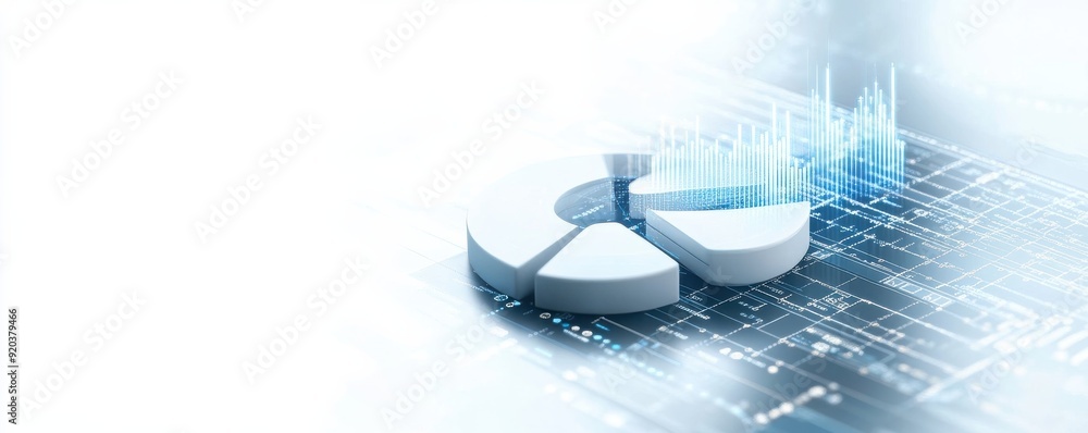 Poster modern pie chart on a digital background, representing data analysis and business statistics. ideal 