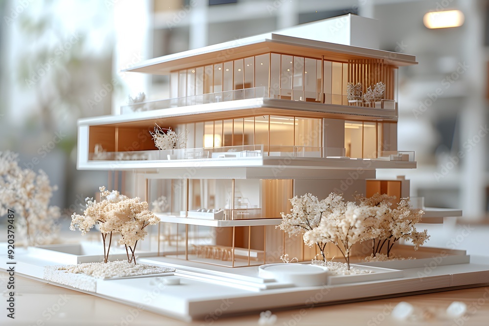 Poster modern architectural model showcasing a multi-level house with elegant design and surrounding landsc