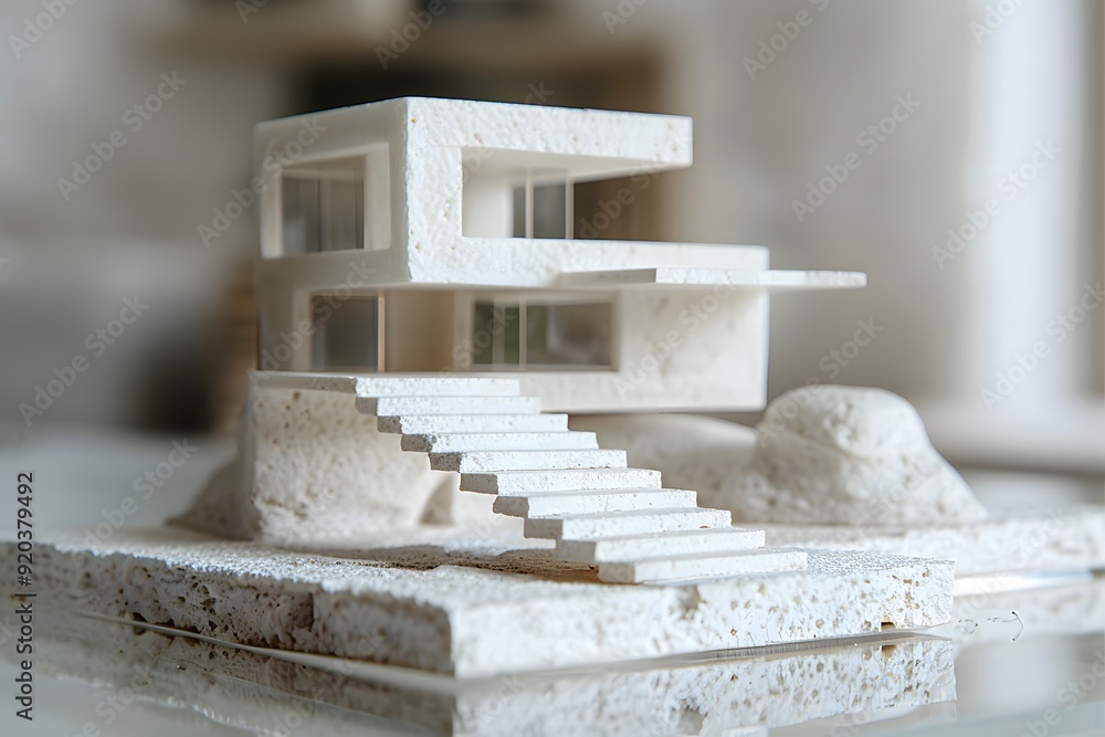 Poster modern architectural model showcasing a minimalist design with stairs and natural elements