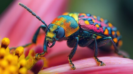 Fototapeta premium A Colorful Beetle on a Pink Flower