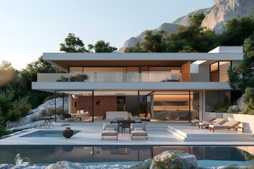 Fototapeta premium Modern Luxury Villa Surrounded by Nature with Pool and Scenic Views