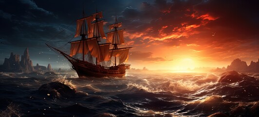 Obraz premium dreamy painting style illustration of a ancient big ship sailing in raging sea under starry galaxy sky and sunset light as background