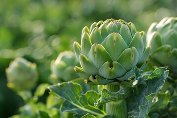 Fototapeta premium Fresh Artichoke Buds Surrounded by Lush Green Foliage