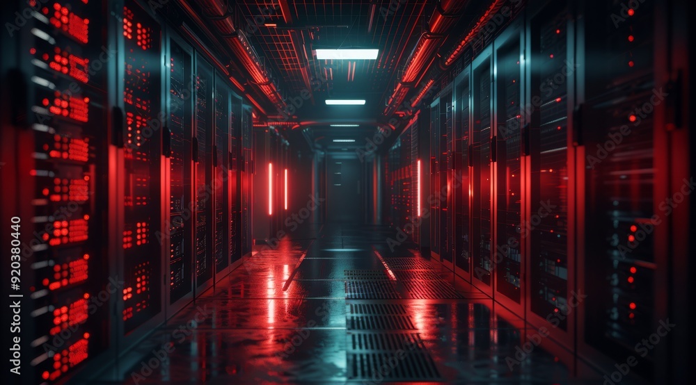 Aufkleber a sleek data center illuminated by red lights, showcasing advanced server technology in a dim enviro