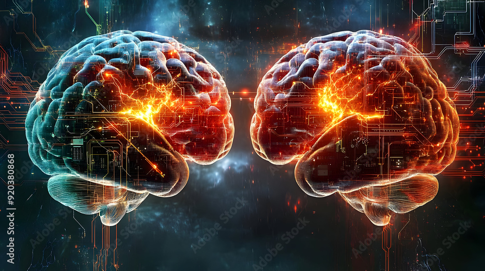 Poster two stylized brains connected with glowing circuits, symbolizing technology and cognition.