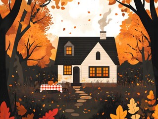 Cozy cottage nestled in autumn forest with warm light glowing from windows.  Leaves fall around the house and a picnic table sits in front.