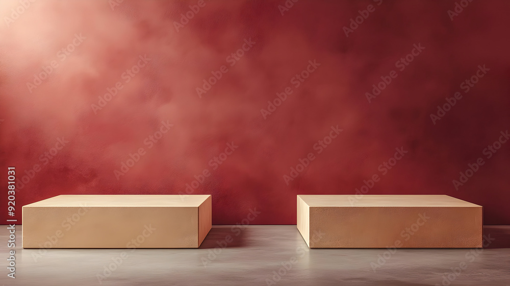 Poster two minimalist display platforms against a textured red wall, creating a modern aesthetic.