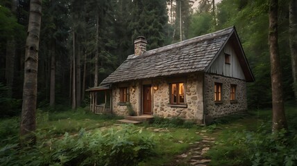 Old style cottage in beautiful forest, landscape view of wooden and stone