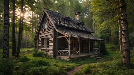 Old style cottage in beautiful forest, landscape view of wooden and stone