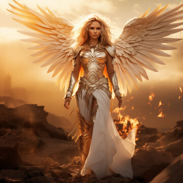 a beautiful valkyrie with angel wings, armor and long blonde hair