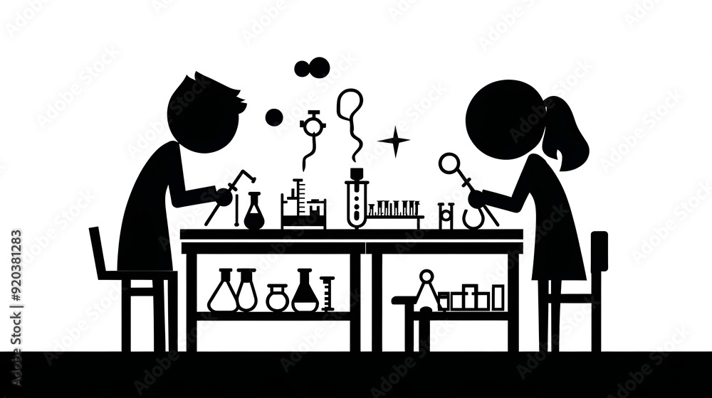 Poster silhouette of two individuals conducting experiments in a laboratory setting.