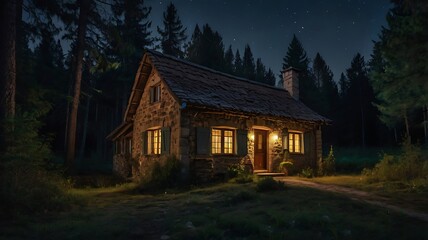 Obraz premium Old cottage in the middle of forest night with a lake nearby, starry full moon night landscape