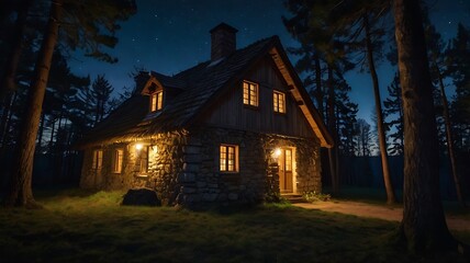 Old cottage in the middle of forest night with a lake nearby, starry full moon night landscape