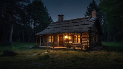 Old cottage in the middle of forest night with a lake nearby, starry full moon night landscape