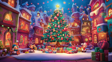 Fototapeta premium A Christmas scene with a large tree in the center of the image