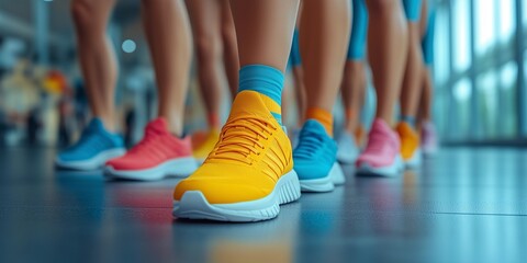 Vibrant Feet in Action: Aerial View of Diverse Sneakers and Socks During Aerobics, generative ai