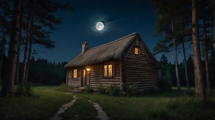 Old cottage in the middle of forest night with a lake nearby, starry full moon night landscape