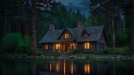 Fototapeta premium Old cottage in the middle of forest night with a lake nearby, starry full moon night landscape
