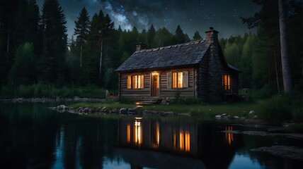 Fototapeta premium Old cottage in the middle of forest night with a lake nearby, starry full moon night landscape