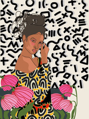 Abstract face portrait woman geometric, doodle, line art, rough hand drawn vector illustration wall art. Aesthetic design poster, cover, wall decoration, cards, print and background.