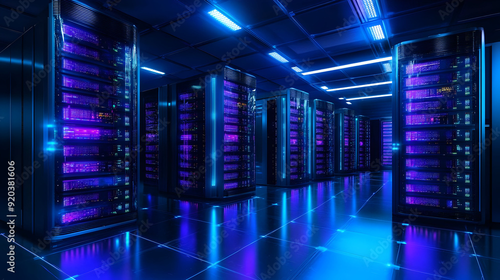 Poster a futuristic data center with illuminated server racks and a high-tech ambiance.
