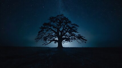 Mystical landscape of a forest with a unique lonely tree, dark themed fantasy illustration