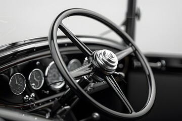 Classic Car Interior with Vintage Steering Wheel and Dashboard Details