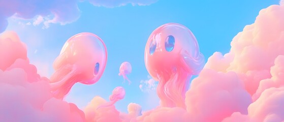 Fototapeta premium Pink and blue clouds with whimsical shapes. Dreamy and surreal sky scene.