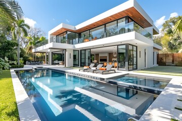 Fototapeta premium Modern Luxury Villa with Pool Surrounded by Lush Greenery