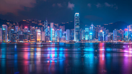 Obraz premium a vibrant cityscape at night, likely featuring a waterfront with reflections of the city lights on the water The skyscrapers are illuminated in various colors, creating a striking contrast
