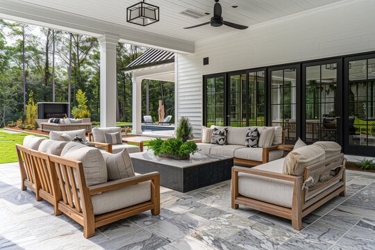 Modern farmhouse patio with grey and white tones, large windows, wooden furniture, table setting, seating area, black roof, marble flooring tiles.