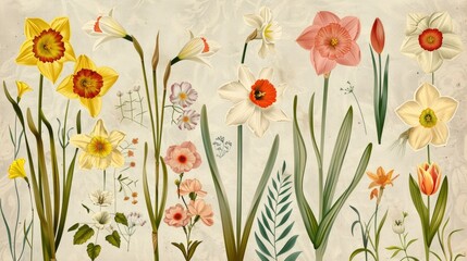 Timeless floral design with elegant depictions of daffodils, tulips, and wildflowers on vintage paper.