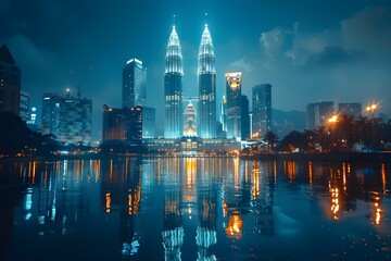 Fototapeta premium Stunning Night View of Kuala Lumpur's Iconic Petronas Towers Reflected in Water