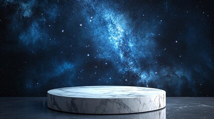 240804 140. Cylindrical stand podium for displaying the product on any background in any environment, starry night sky, timeless elegance concept with marble slab platform, geometric pattern wallpaper