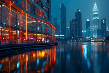 Obraz premium Stunning Nightscape of Kuala Lumpur with Reflections and Vibrant City Lights