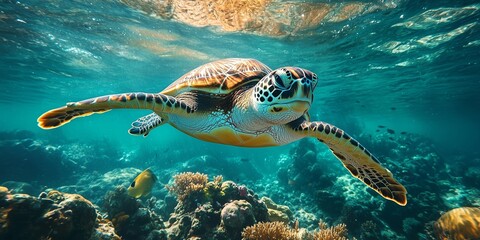 Fototapeta premium Calm Ocean Scene: Green Sea Turtle in Crystal Clear Water, generative ai