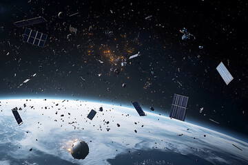 Cluster of space debris, junk and satellites surrounding planet Earth. High quality digital space art in 5K - ultra realistic visualization