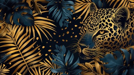 Luxurious leopard design with seamless animal skin texture and tropical leaves, suitable for backgrounds or labels.